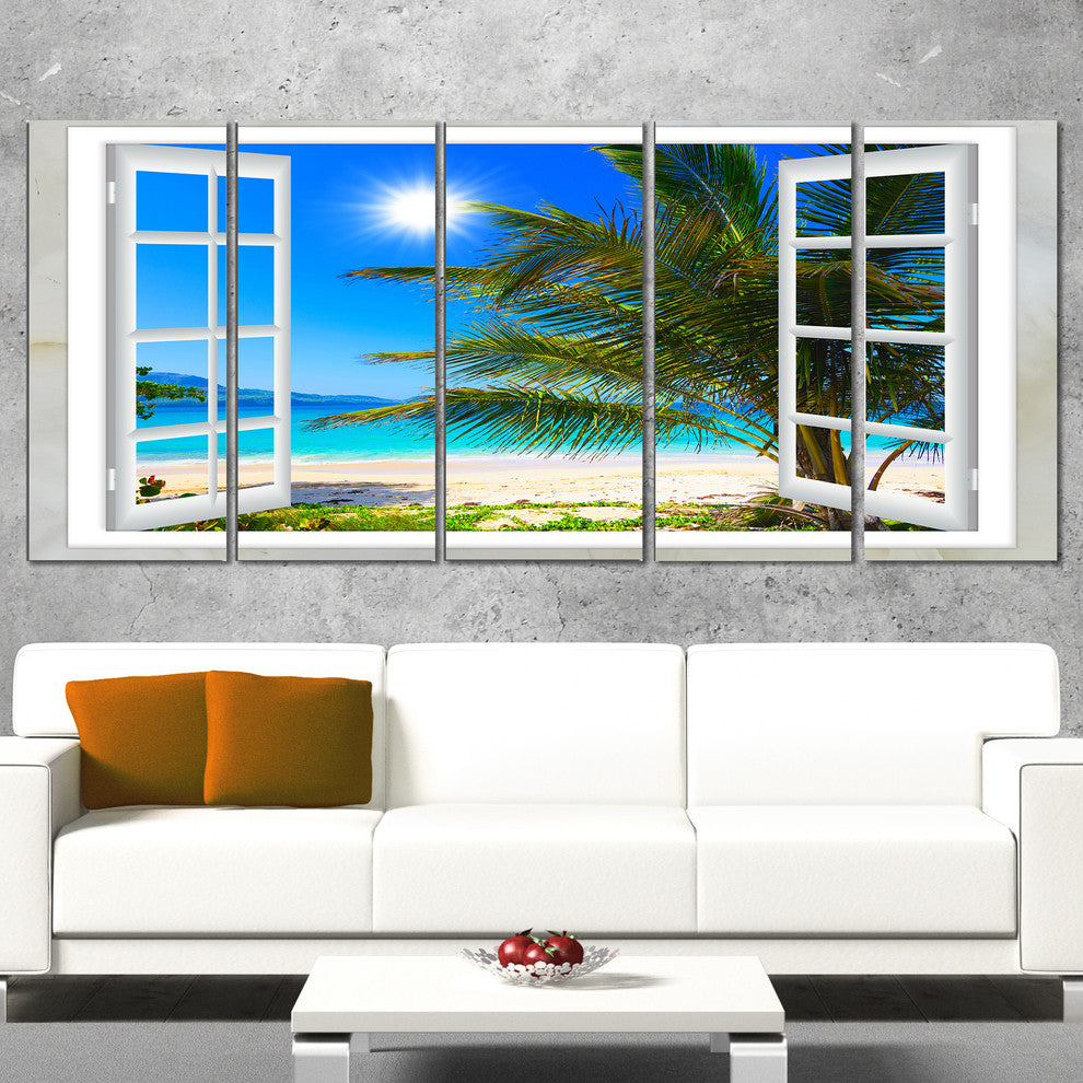"Window Open To Beach With Palm" Seashore Wall Art, 5 Panels, 60"x28"