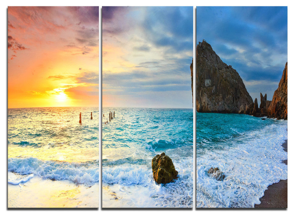 "Vibrant Morning Sea With Yellow Sun" Metal Wall Art, 3 Panels, 36"x28"