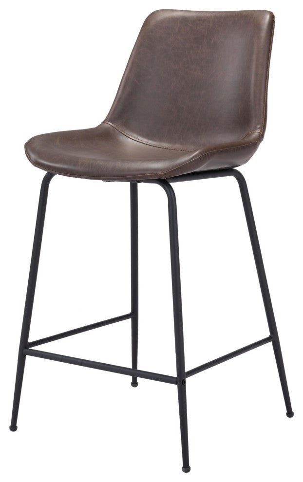 Counter Stool Chair, Faux Vinyl Leather, Steel, Brown, Black, Mid Century Cafe