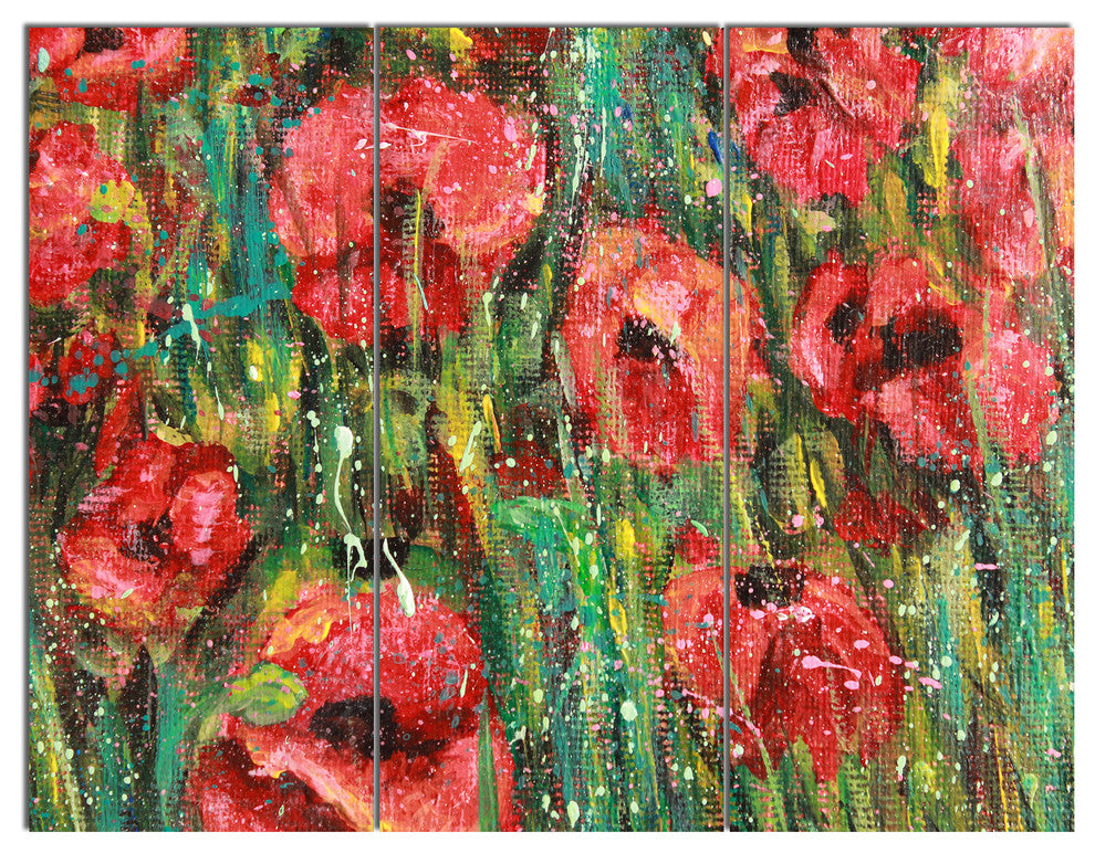 Red Poppies Watercolor Drawing, Extra Large Floral Wall Art, 36x28, 3 Panels