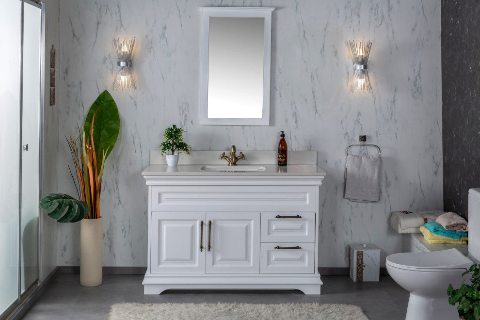 Romana Collection 48" Bathroom Vanity With Sink, Mirror, Countertop, White
