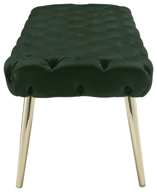 48" Hunter Green And Gold Upholstered Velvet Bench
