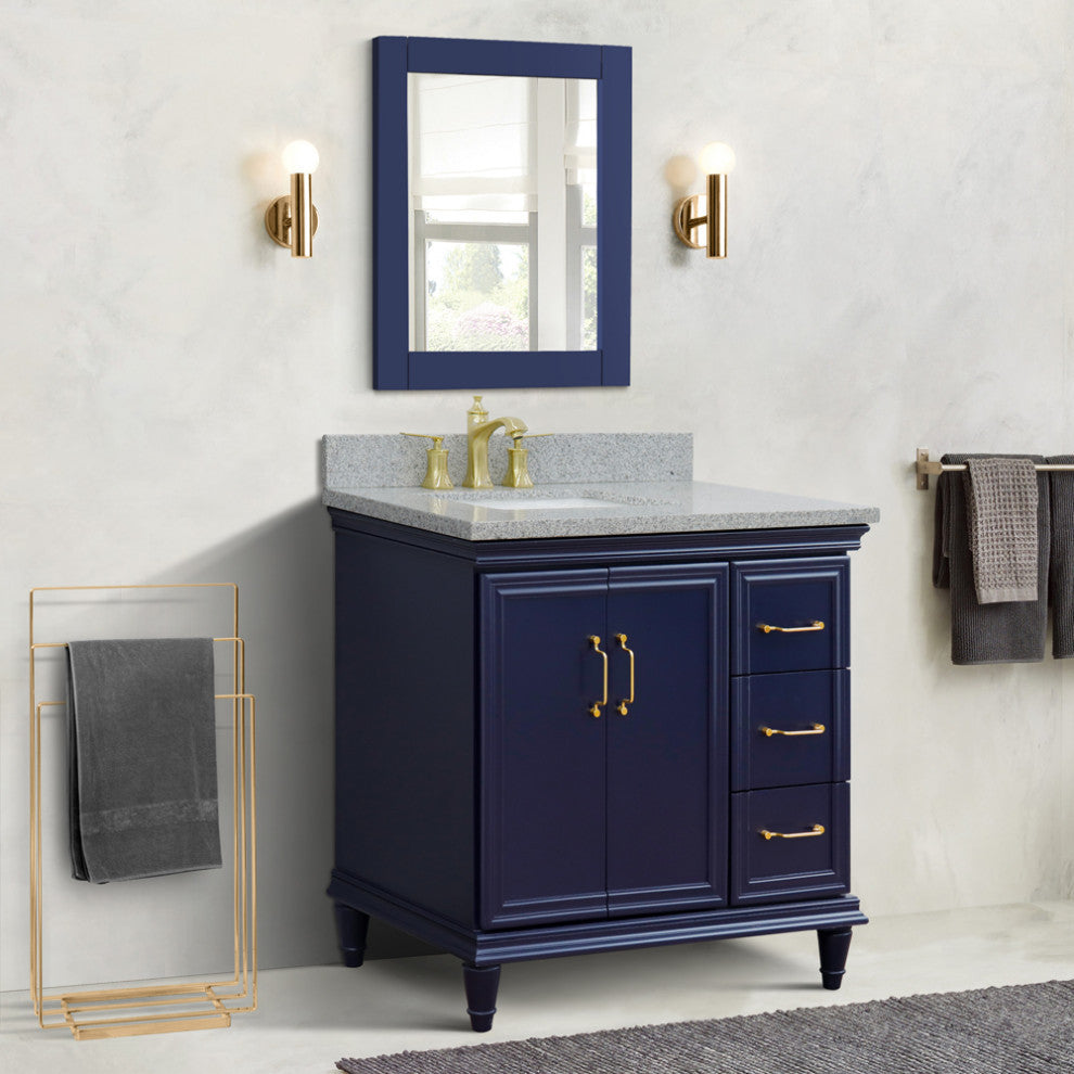 37" Single Vanity, Blue Finish With Gray Granite