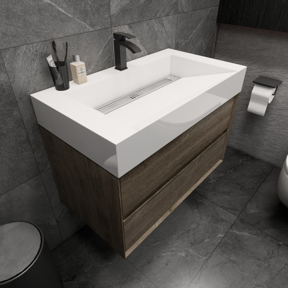 MAX 36" Floating Bath Vanity With Acrylic Sink, Gray Oak