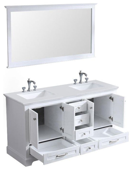 Dukes 60" White Double Square Sink Vanity with Quartz Top, With Faucet and Mirro