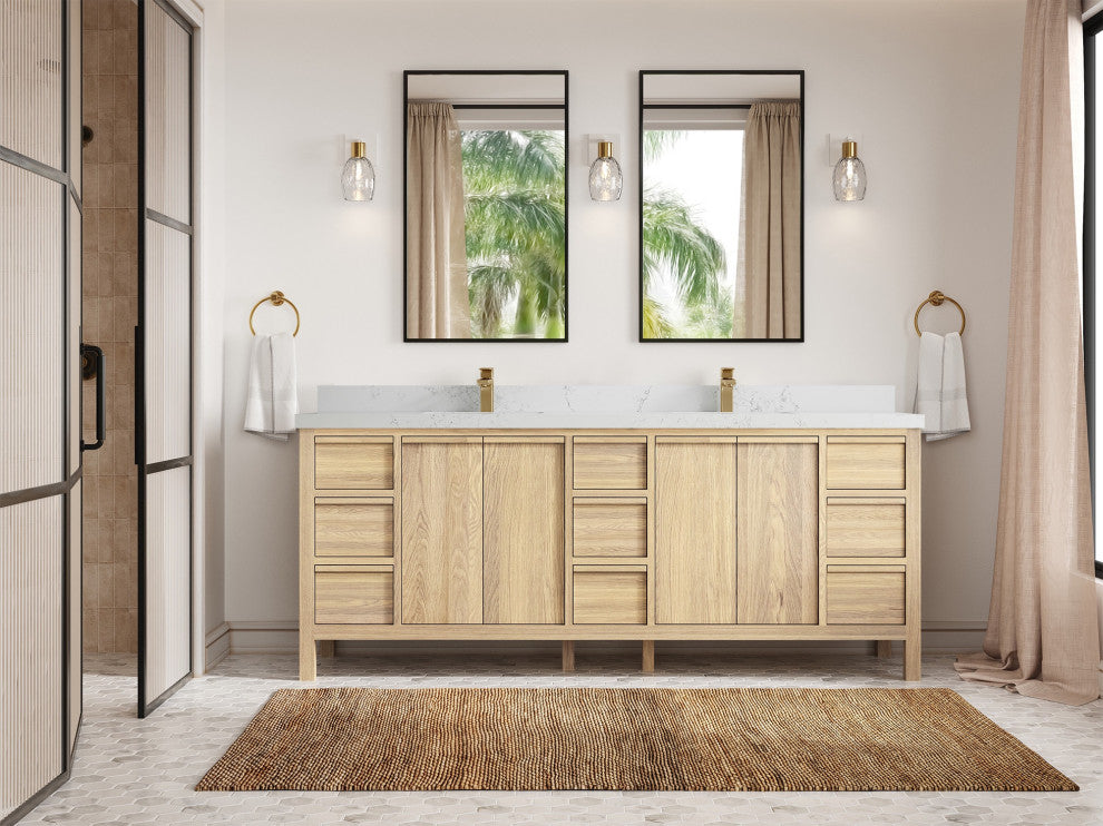 Elizabeth Oak 84" Double Sink Vanity, White 2" Empira Quartz