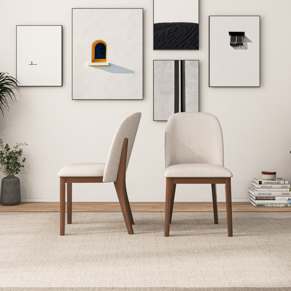 Belfast Mid-Century Modern Solid Wood Upholstered Dining Chair, Set of 2, Cream
