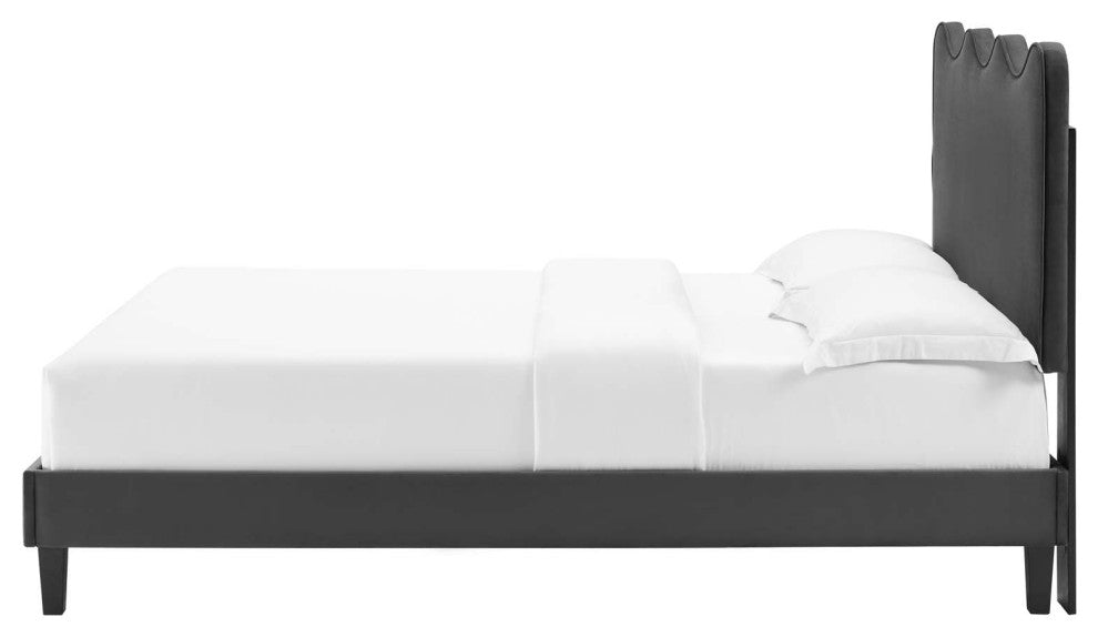 Platform Bed Frame, King Size, Charcoal Gray, Velvet, Modern, Guest Suite