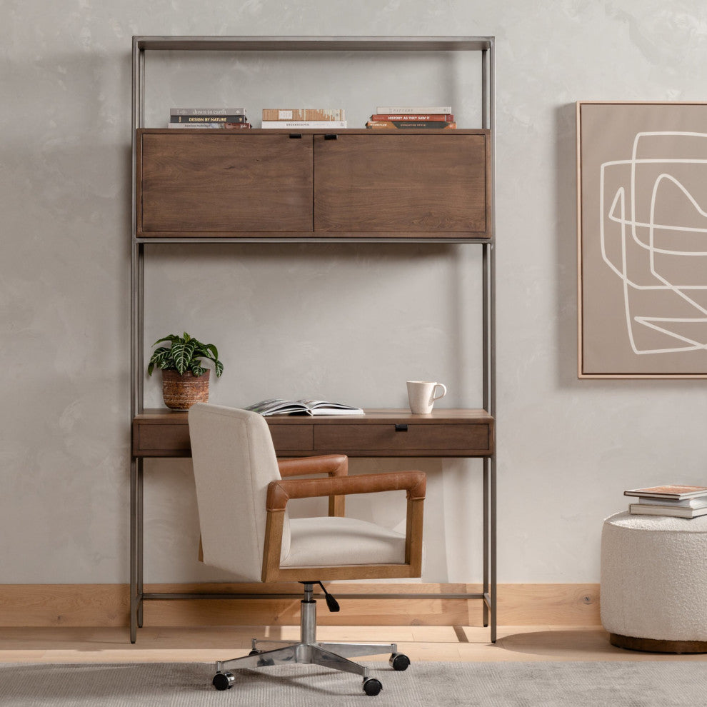 Trey Modular Wall Desk Auburn Poplar, Natural Iron, Black Leather