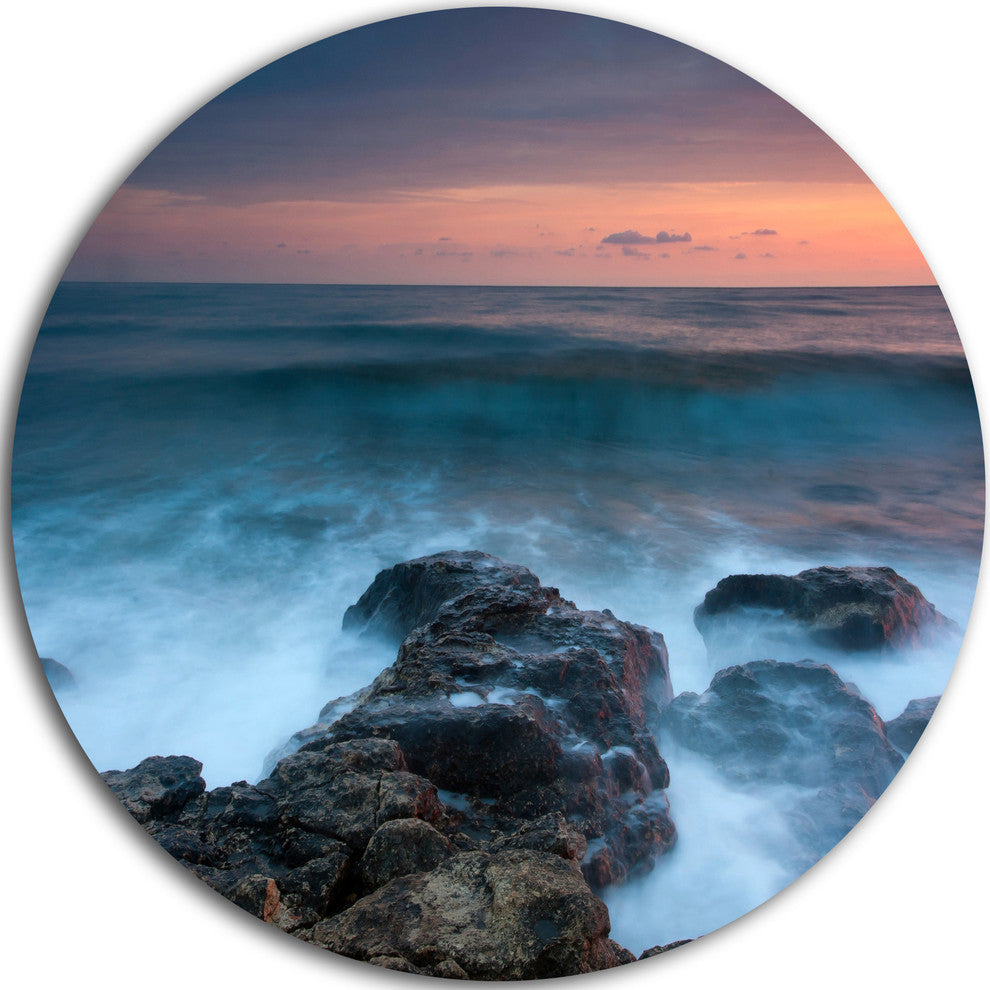 Rocky Beach And White Waves, Seashore Large Disc Metal Wall Art, 23"