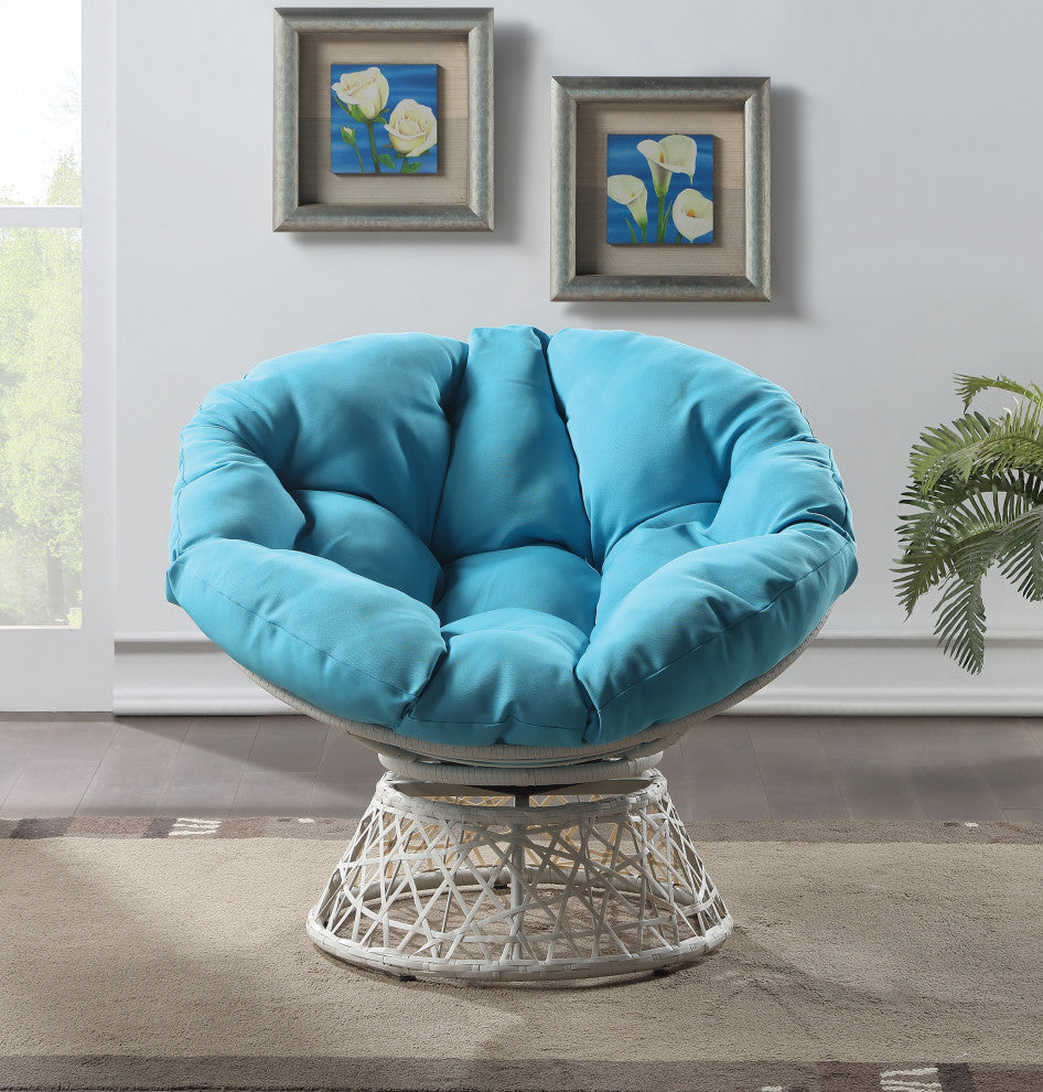Papasan Chair With Blue Round Pillow Cushion and Cream Wicker Weave