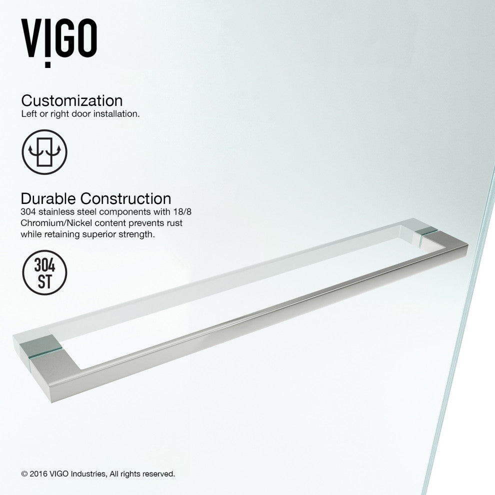 VIGO Rialto 34" W x 58" H Frameless Hinged Tub Door, Stainless Steel, Clear Glass