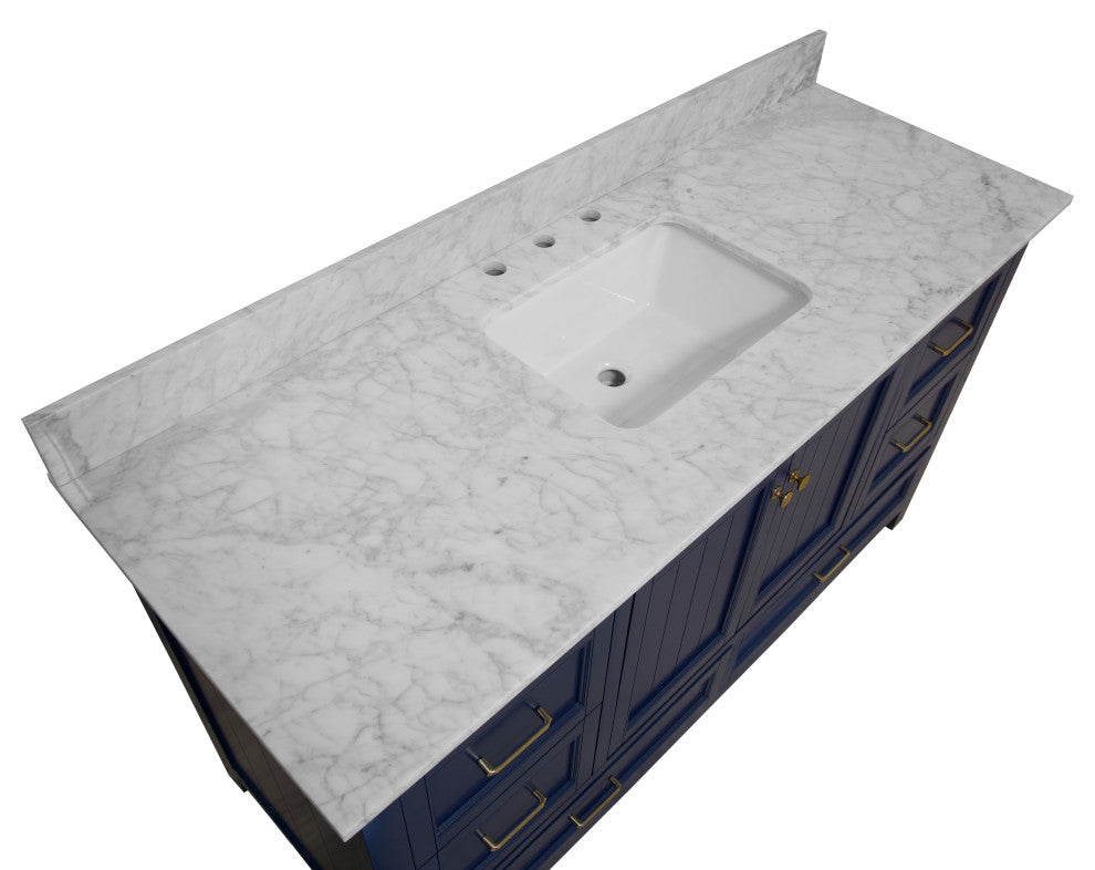 Paige 60" Bathroom Vanity, Royal Blue, Carrara Marble, Single Sink