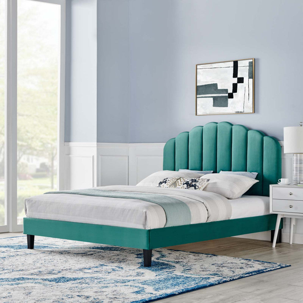 Platform Bed Frame, King Size, Teal Blue, Velvet, Modern, Bedroom Guest Suite