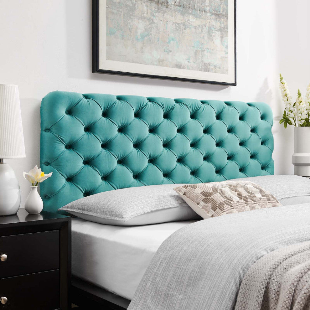 Tufted Headboard, King Size, Velvet, Teal Blue, Modern Contemporary, Bedroom