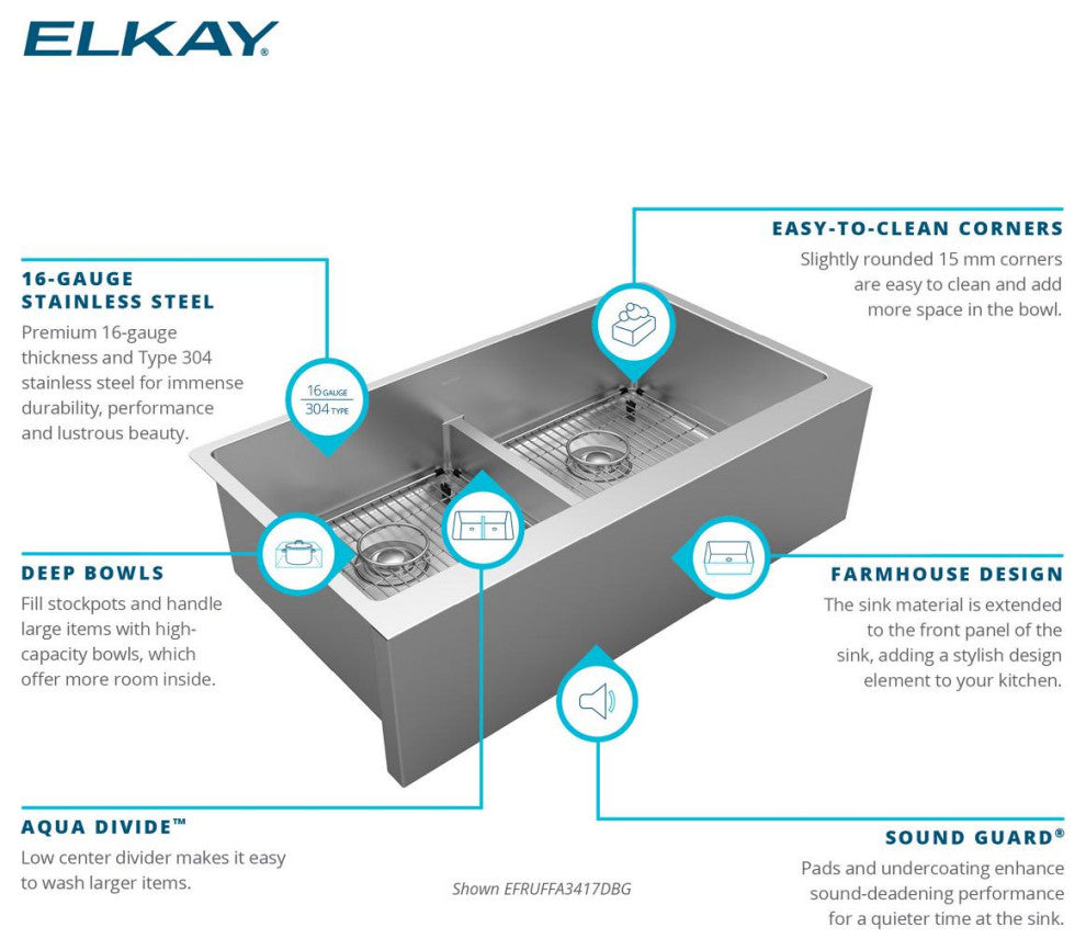 EFRUFFA3417DBG Elkay Crosstown 16 Gauge Stainless Steel Tall Farmhouse Sink Kit