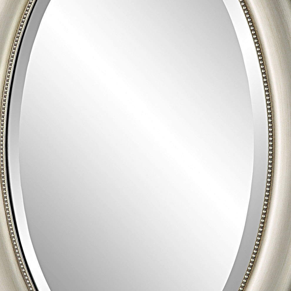 Benzara BM276687 29" Wood Wall Mirror, Beaded Oval Shape, Metallic Silver