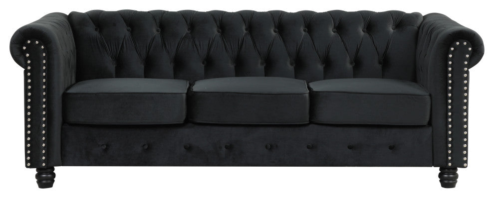 UFE Velvet Living Room 3 Set Sofa Loveseat Chair Black, Sofa, Loveseat, Chair