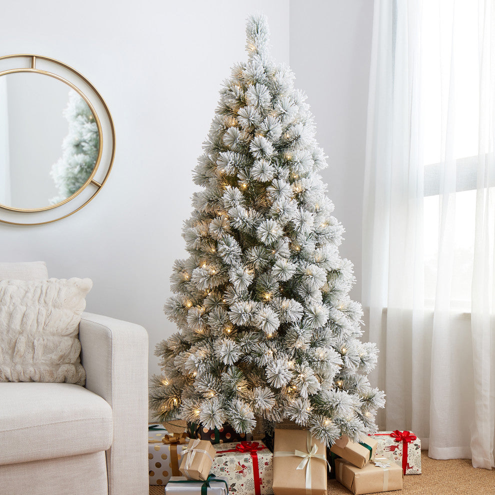 6ft Pre-Lit Flocked Pencil Pine Artificial Christmas Tree With 300 Warm Lights