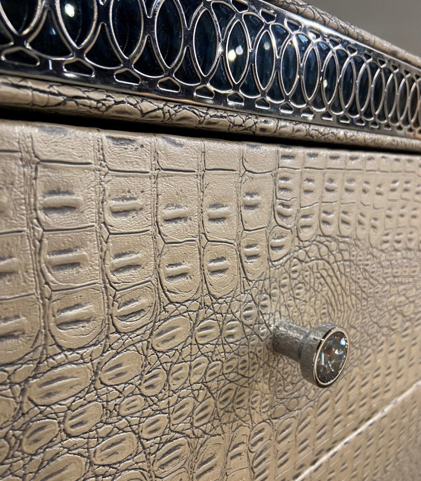 Hollywood Swank Upholstered Dresser with Mirror, Crystal Croc