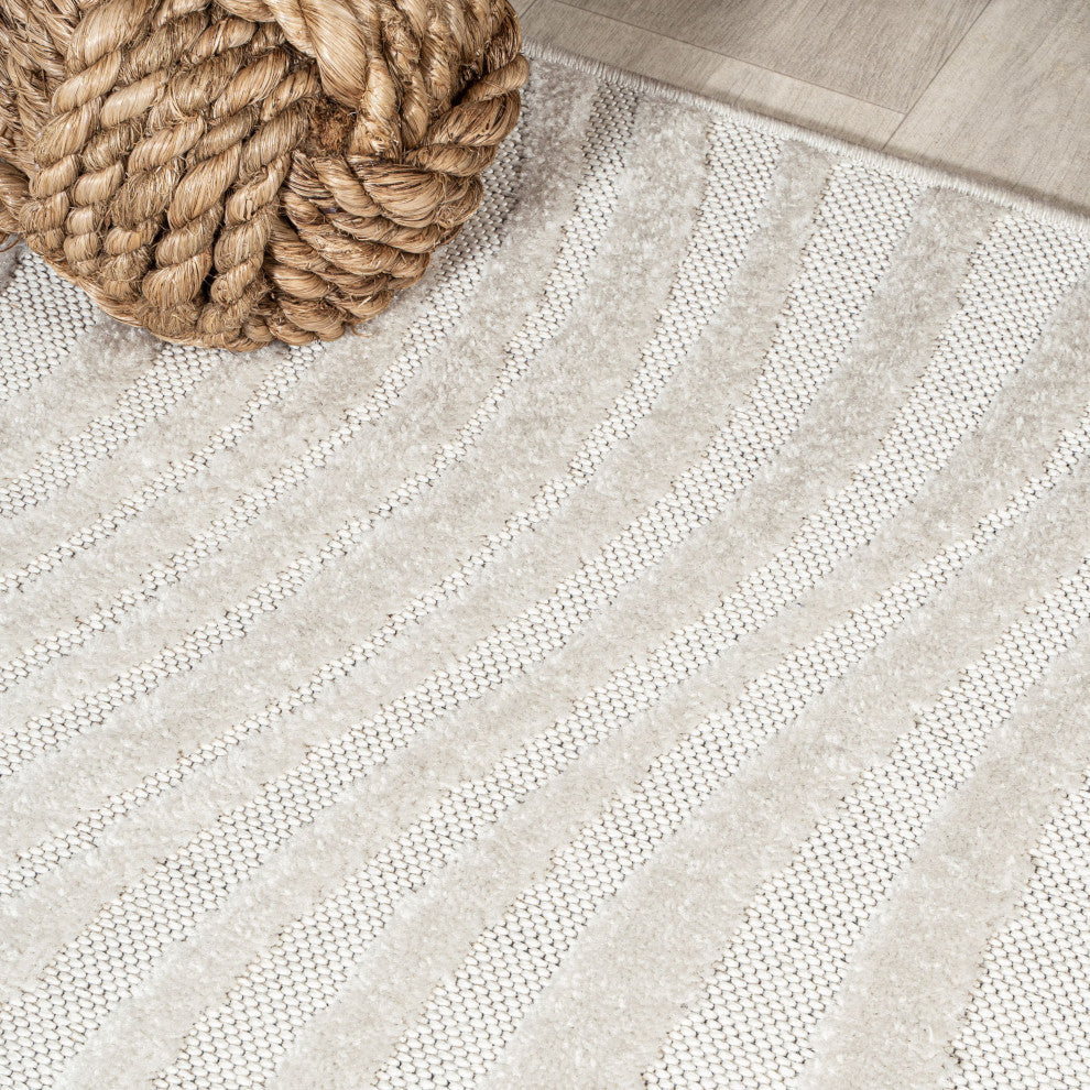 High-Low Groovy Striped Cream/Ivory 3 ft x 5 ft Indoor/Outdoor Area Rug