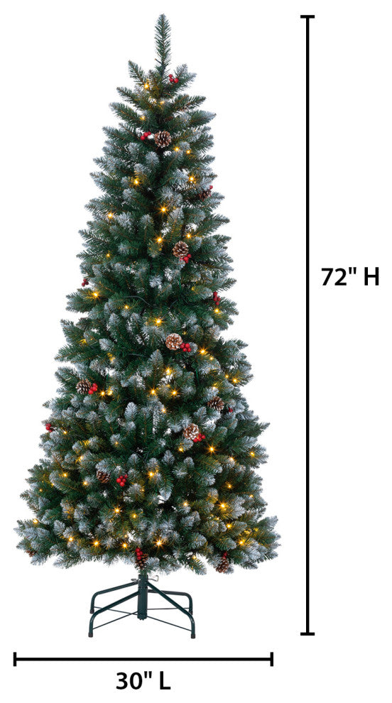 Pop-Up 6' LED Flocked Pine Tree, Warm white LED lights, Pine Cones/Red Berries