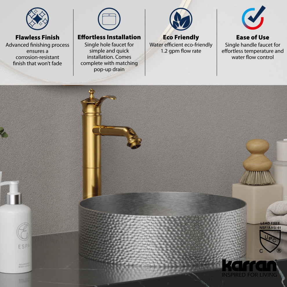 Karran 1-Handle 1-Hole Vessel Faucet With Pop-up Drain, Gold