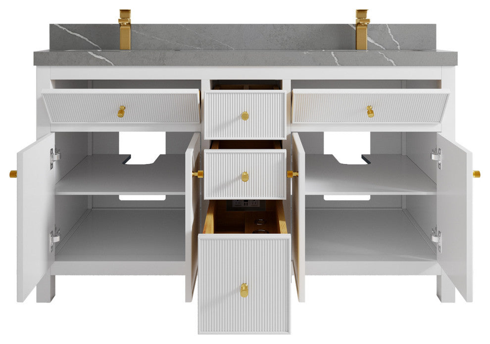 Sonoma 60 Double Sink Reeded Bathroom Vanity in White 2" Piatra Gray