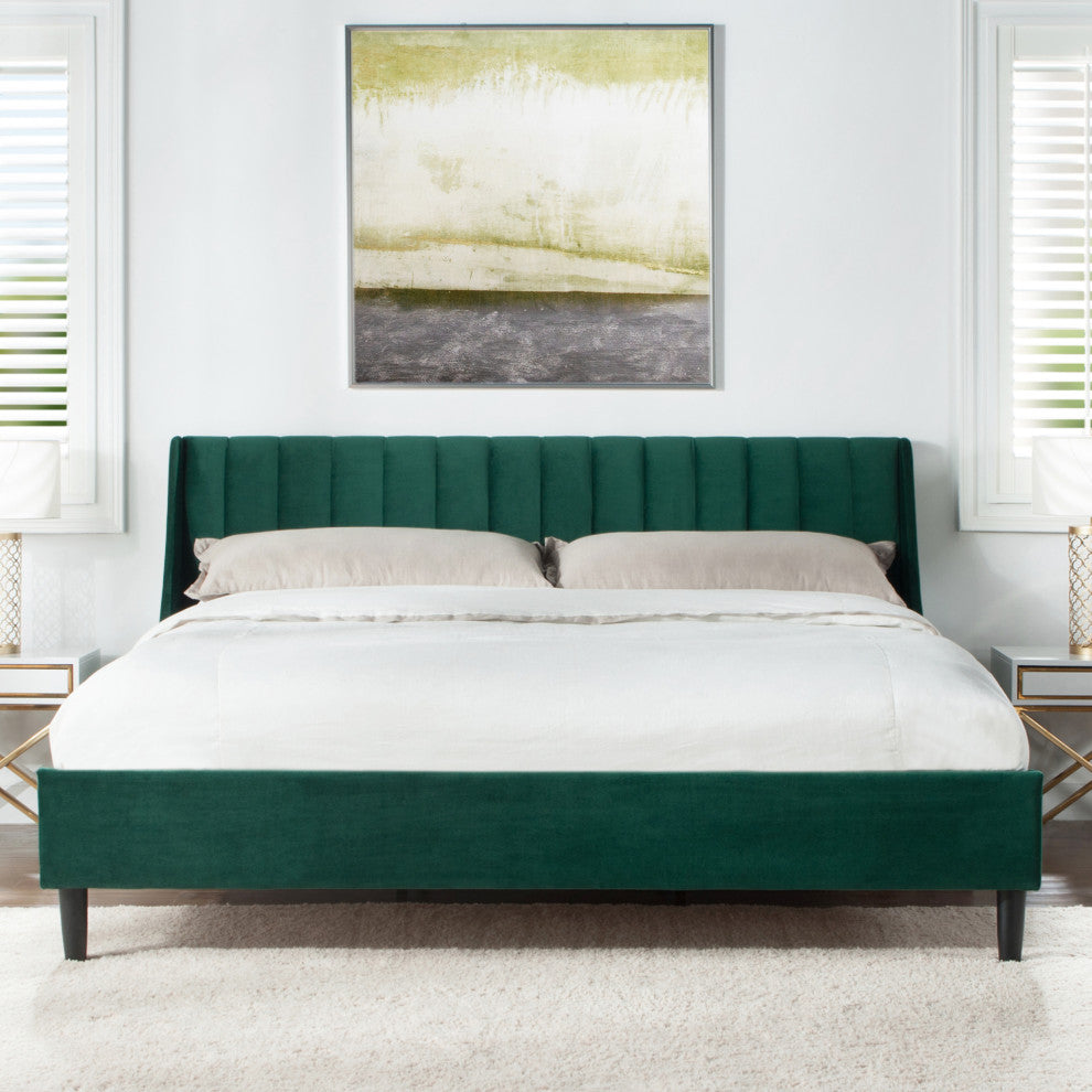 Aspen Modern Vertical Tufted Upholstered Platform Bed, Evergreen Velvet, King