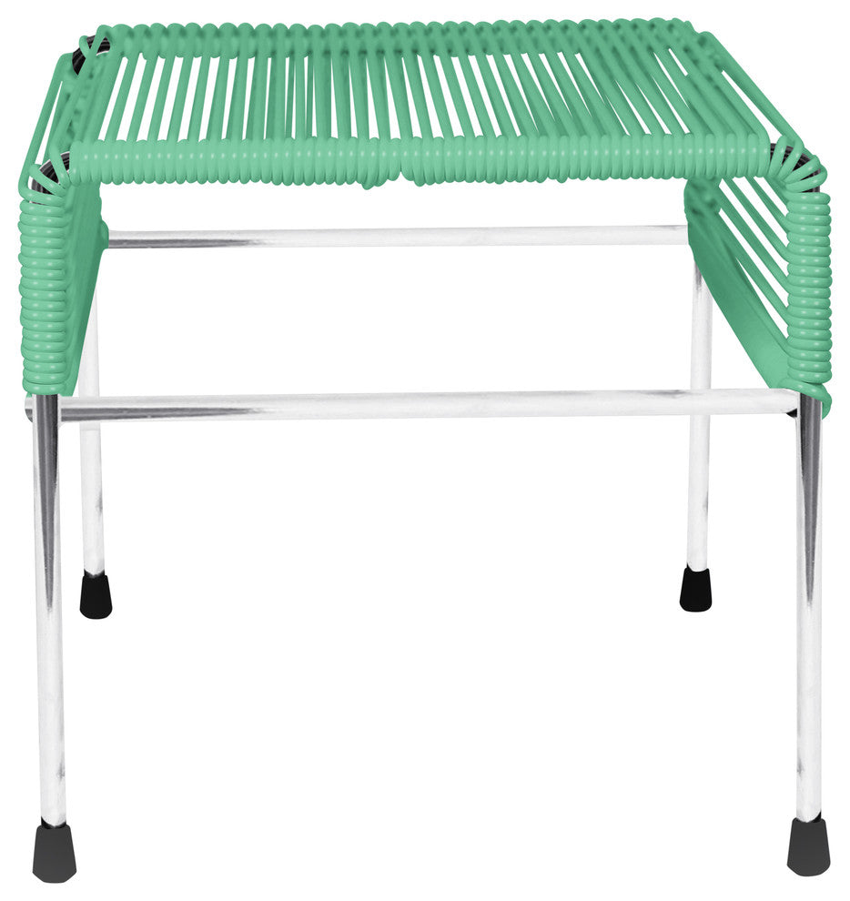 Atom Indoor/Outdoor Handmade Ottoman with Chrome Frame, Seafoam Weave