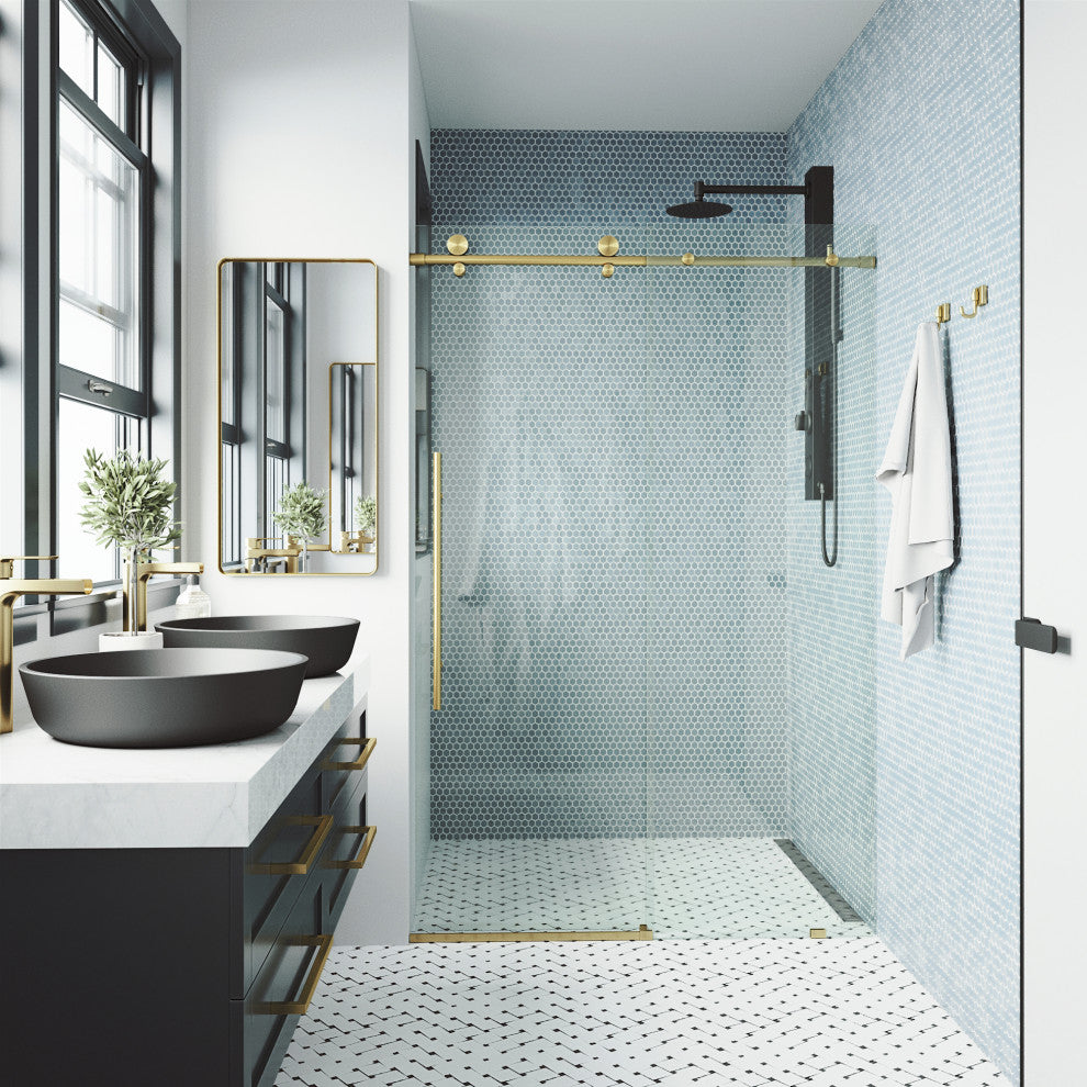 VIGO Elan E-Class 44" to 48" W x 76" H Frameless Sliding Shower Door, Matte Gold, Clear Glass