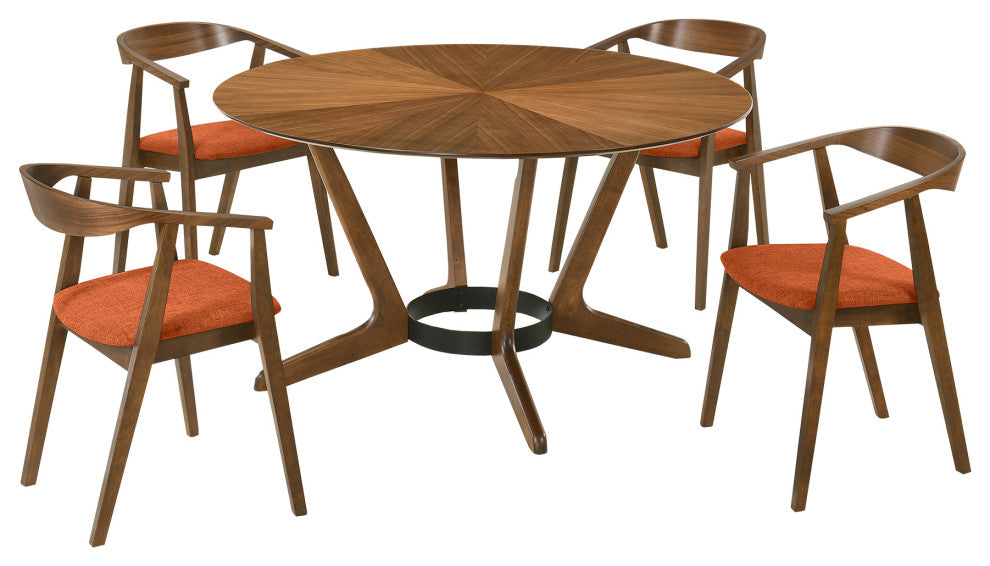 Santana 5-Piece Round Walnut Wood Dining Table Set With Orange Fabric