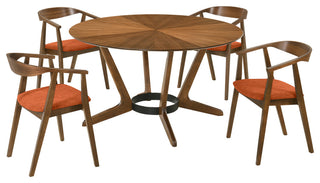 Santana 5-Piece Round Walnut Wood Dining Table Set With Orange Fabric
