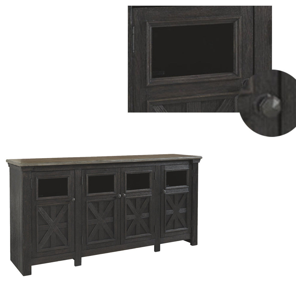 Dual Tone Wooden Tv Stand With Four Cross Buck Doors Storage, Extra Large