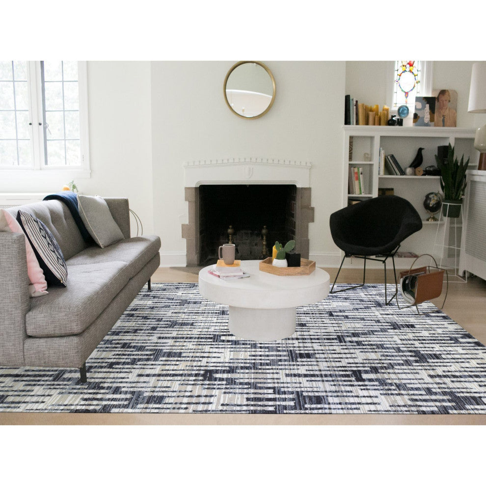 Black and White Zig Zag Design Pure Silk and Textured Wool Rug, 9'0" x 12'0"