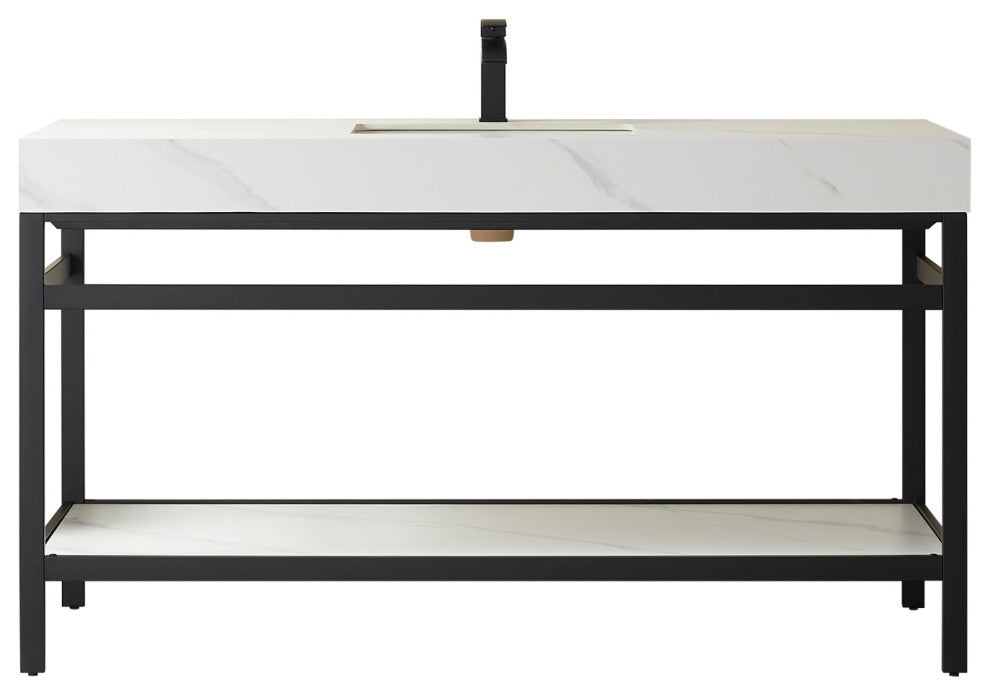 Funes Bath Vanity without Mirror, Matte Black Hardware, Double Sink, White Stone Top