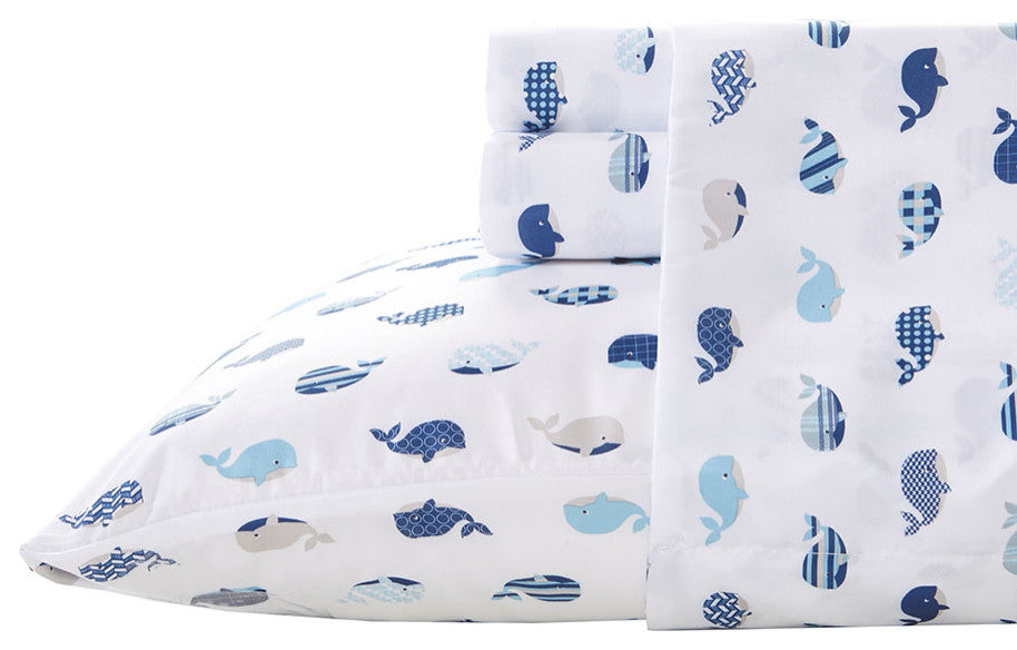 Mi Zone Printed Microfiber Sheet Set, Blue Whales
