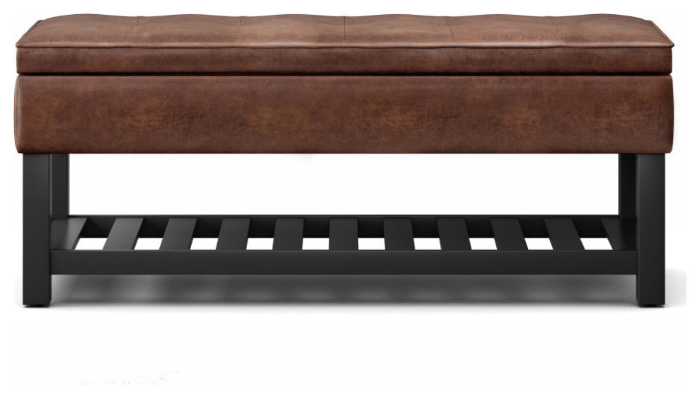 Cosmopolitan Storage Ottoman Bench With Open Bottom, Distressed Saddle Brown Faux Leather