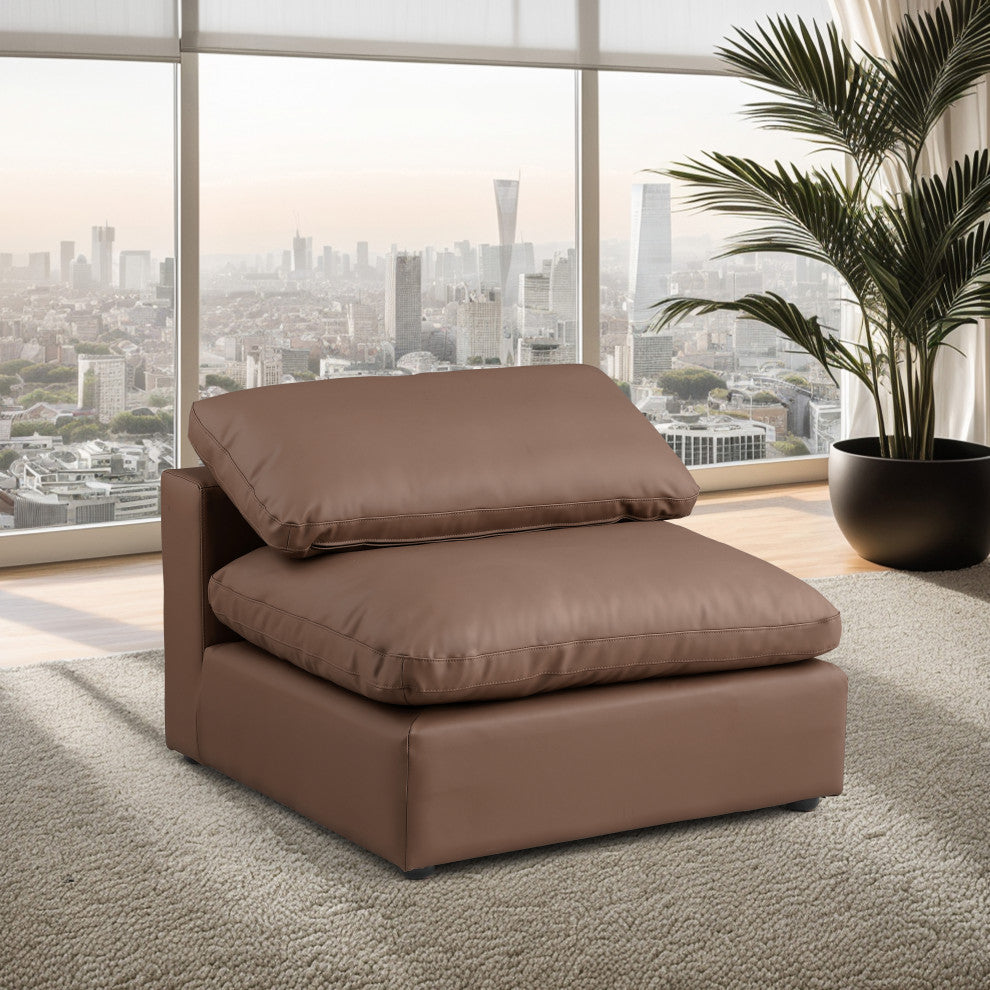 Comfy Beige Linen Textured Fabric Modular Chair, Brown, Vegan Leather, Armless Chair