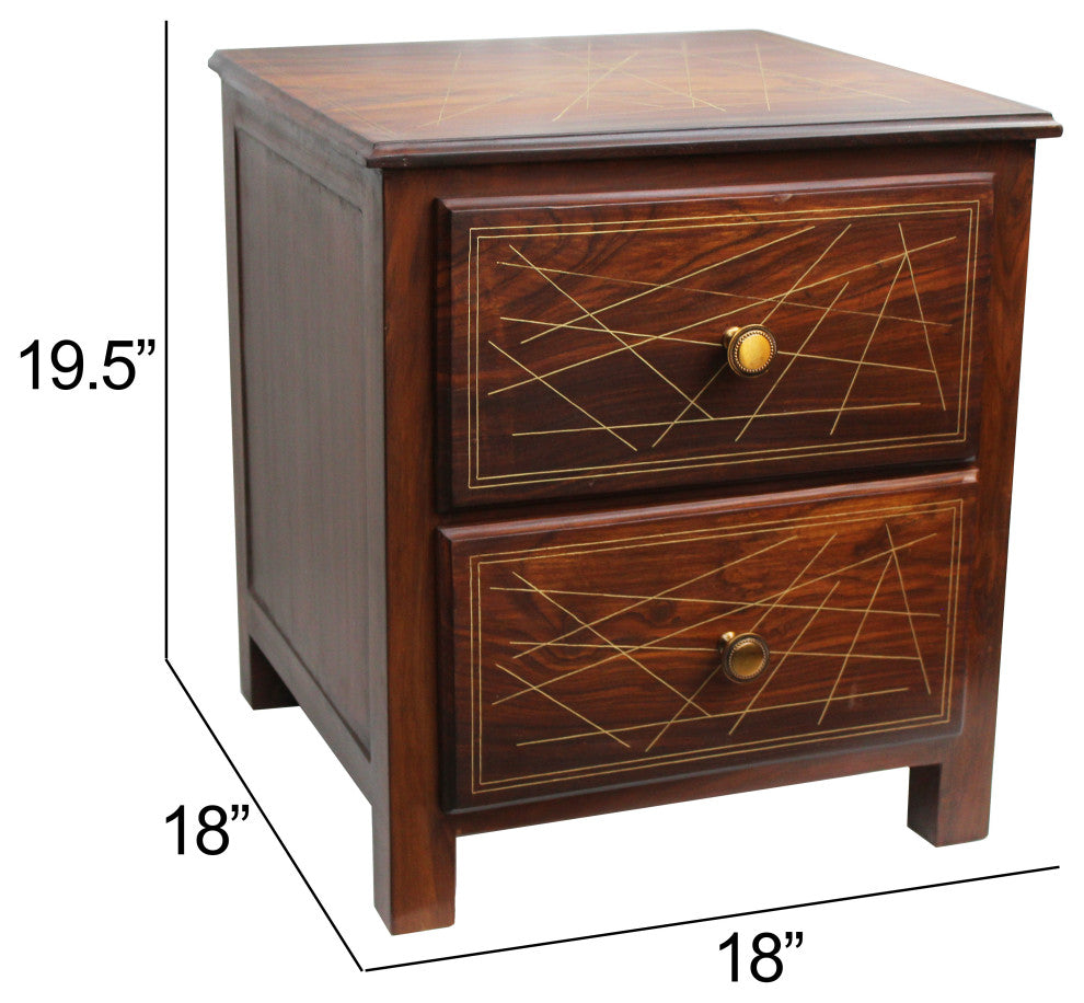 Natural Geo Rosewood Square End Table Abstract Golden Brass Inlay
