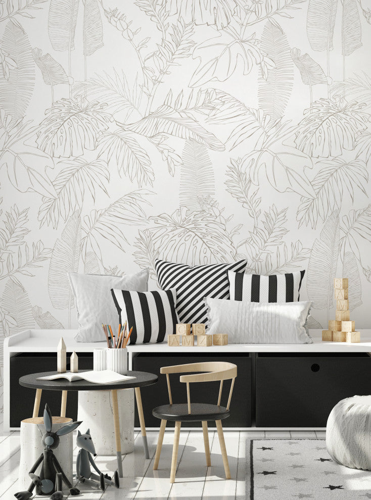 Hand Drawn Jungle Leaves Vinyl Peel and Stick Mural, Gray, 24"x96", Single
