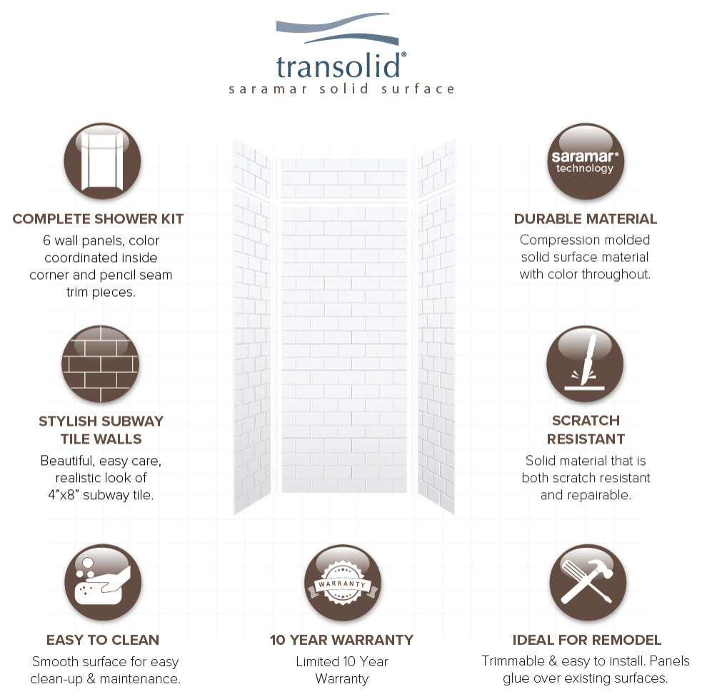 Transolid SaraMar 36"x36"x96" 6-Piece Shower Wall Kit with Extension, White