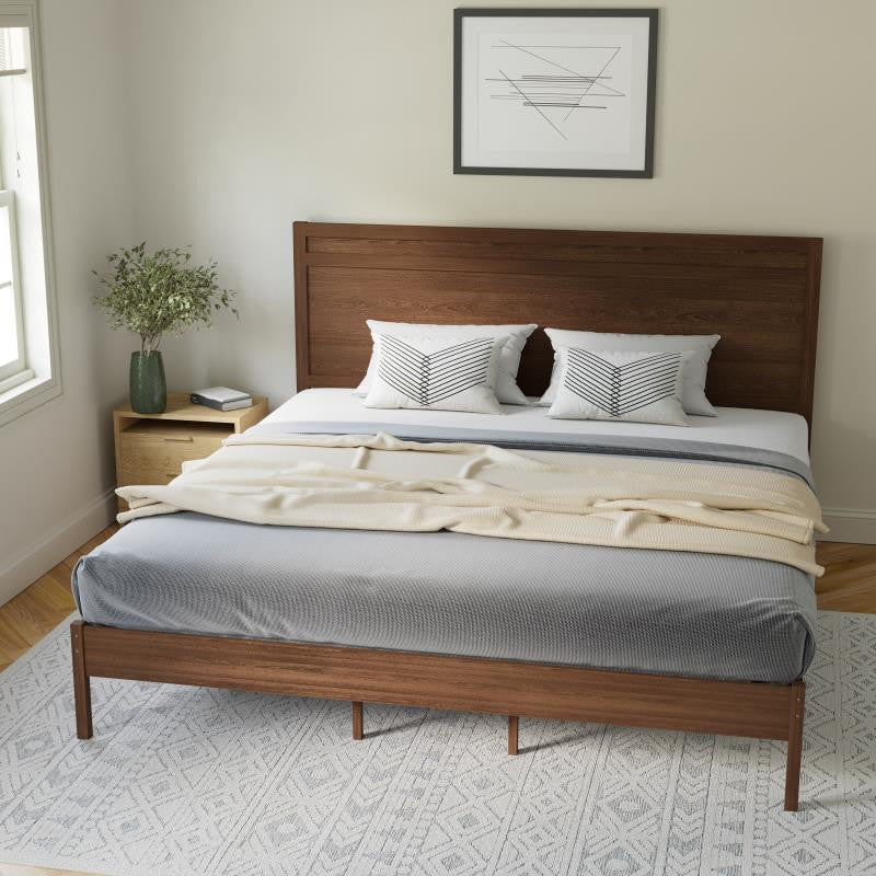 Kingston Solid Wood Platform Bed with Wooden Slats and Headboard, Brown, King
