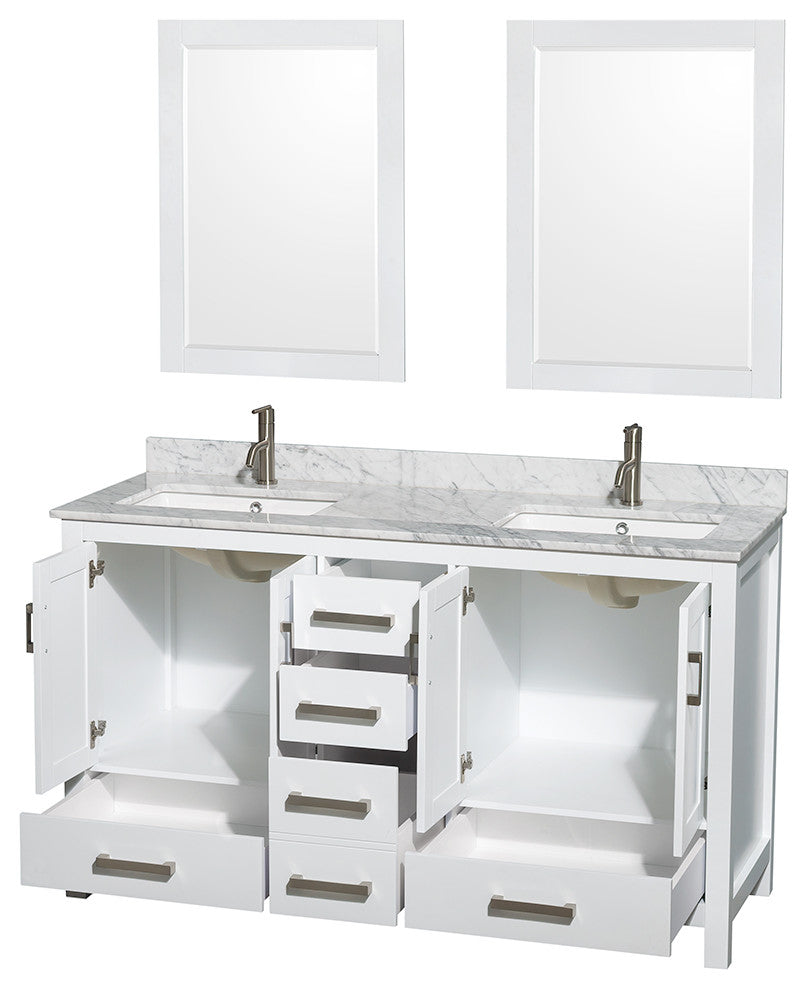 Sheffield 60" White DBL Vanity, Carrara Marble Top, UM Sq Sinks, 24" Mrrs