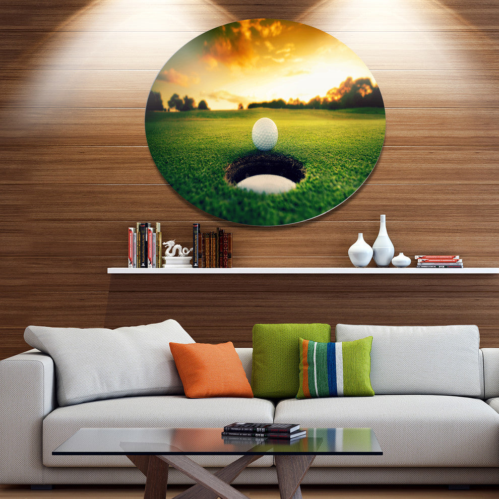 Golf Ball Near Hole, Landscape Disc Metal Wall Art, 11"