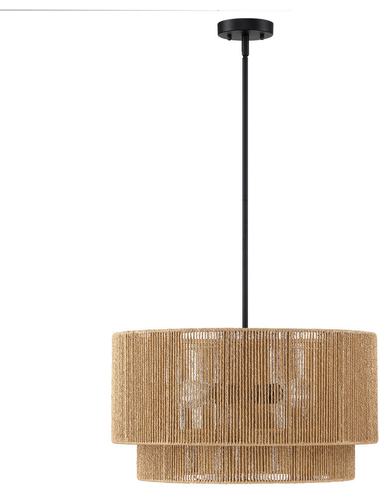 22"W 4-Light Rattan Tiered Drum Chandelier Light with Black Canopy, Natural