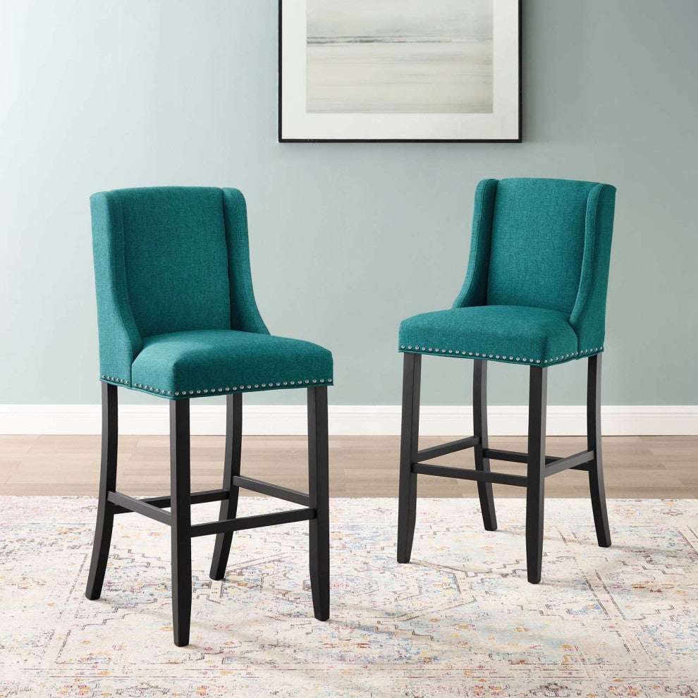 Bar Stool Chair Barstool, Set of 2, Fabric, Wood, Teal Blue, Modern, Bar Pub