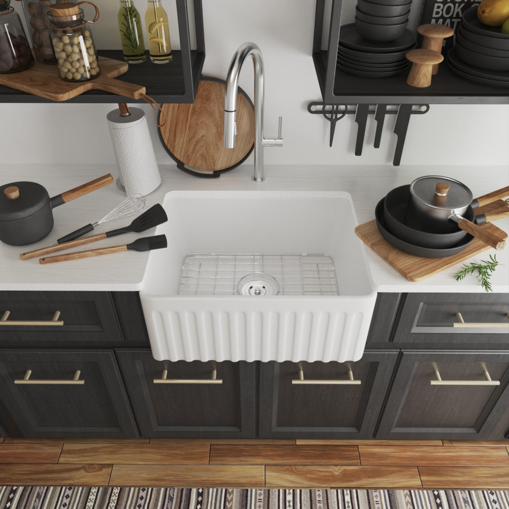 24" Small Farmhouse Ceramic kitchen Sink with Bottom Grid and Strainer