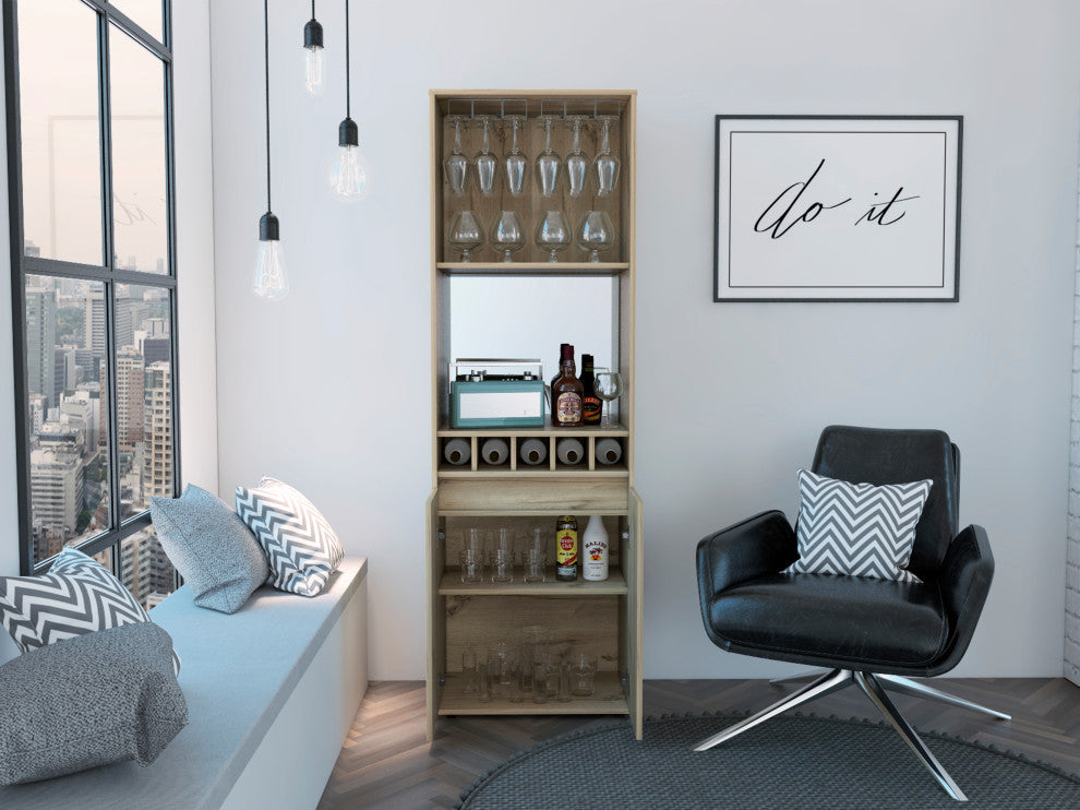Redding Bar Cabinet with Open Shelves, Glass Rack, and 5 Wine Cubbies, Light Oak