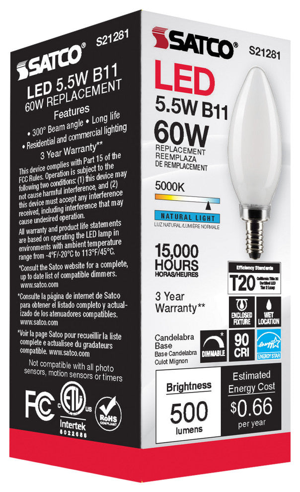 5.5W B11 LED, Frost, Candelabra Base, 90 CRI, 5000K, 120V